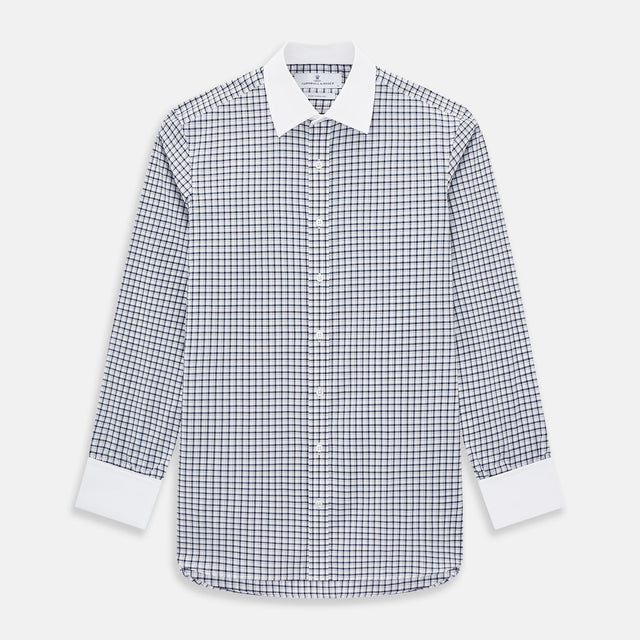 Navy and White Double-Track Check Shirt with Contrast Collar & Cuffs