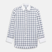Navy and White Windowpane Check Shirt with Contrast Collar & Cuffs