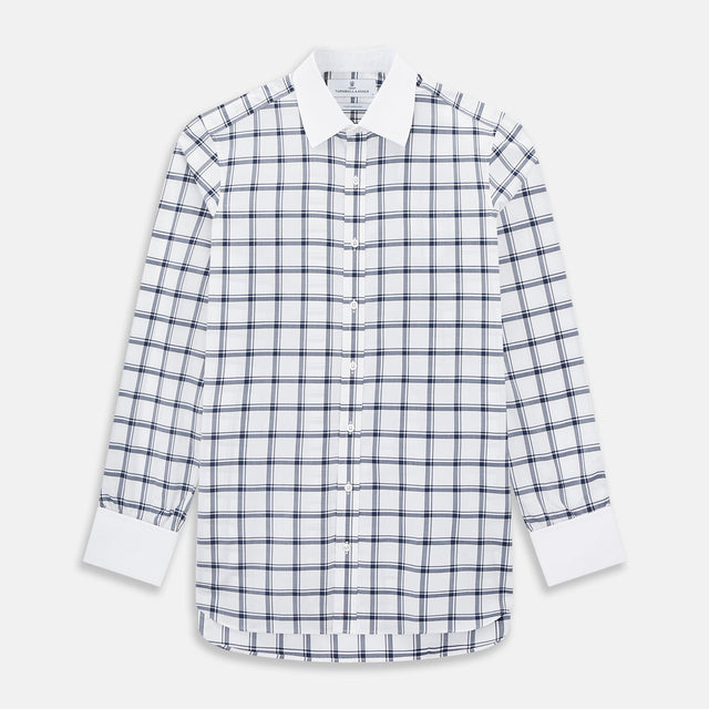 Navy and White Windowpane Check Shirt with Contrast Collar & Cuffs