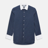 Navy and White Reverse Graph Check Shirt with Contrast Collar & Cuffs