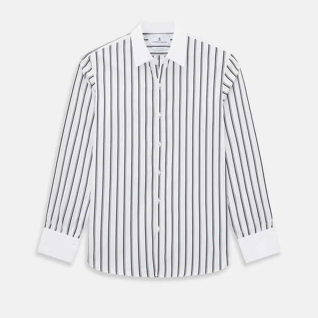 Navy and White Track Stripe Windsor Shirt with Contrast Collar & Cuffs
