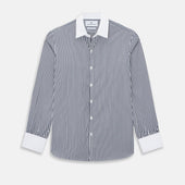 Navy and White Double Stripe Windsor Shirt with Contrast Collar & Cuffs