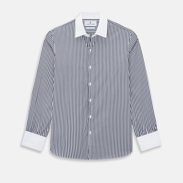 Navy and White Double Stripe Windsor Shirt with Contrast Collar & Cuffs