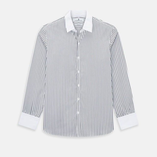 Navy and White Fancy Stripe Windsor Shirt with Contrast Collar & Cuffs