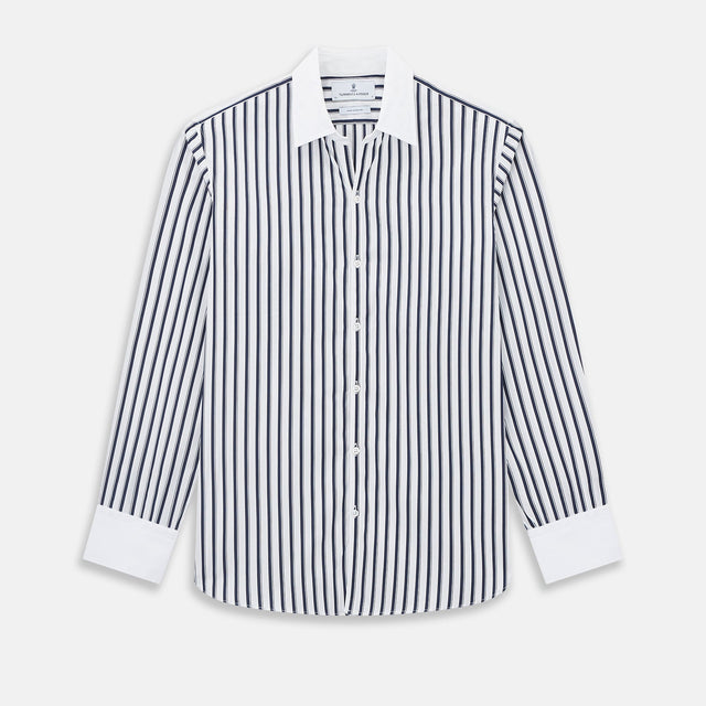 Navy and White Shadow Stripe Windsor Shirt with Contrast Collar & Cuffs