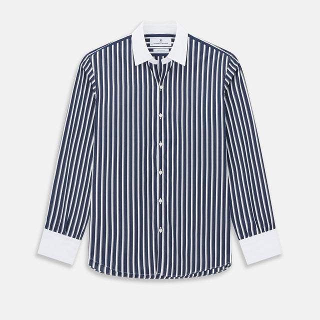 Navy and White Reverse Stripe Windsor Shirt with Contrast Collar & Cuffs