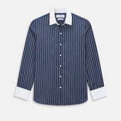 Navy and White Bar Stripe Windsor Shirt with Contrast Collar & Cuffs
