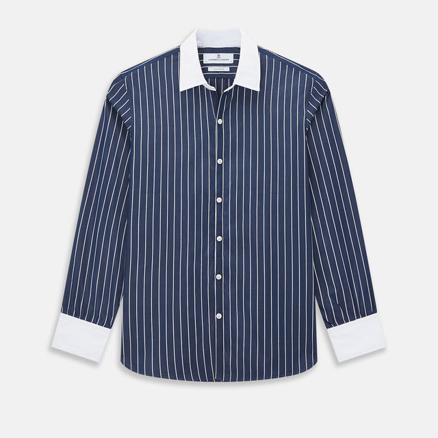 Navy and White Bar Stripe Windsor Shirt with Contrast Collar & Cuffs