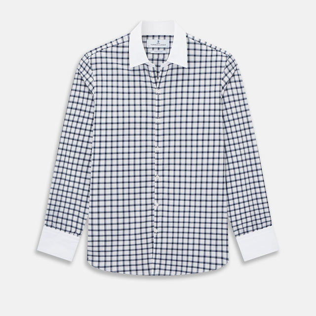 Navy and White Tattersall Check Windsor Shirt with Contrast Collar & Cuffs
