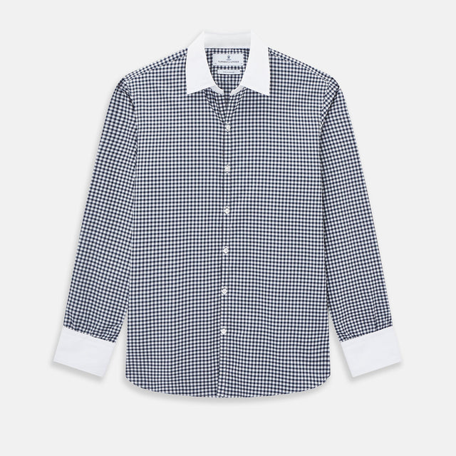 Navy and White Gingham Check Windsor Shirt with Contrast Collar & Cuffs