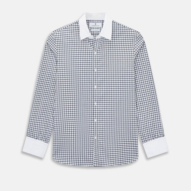 Navy and White Double-Track Check Windsor Shirt with Contrast Collar & Cuffs