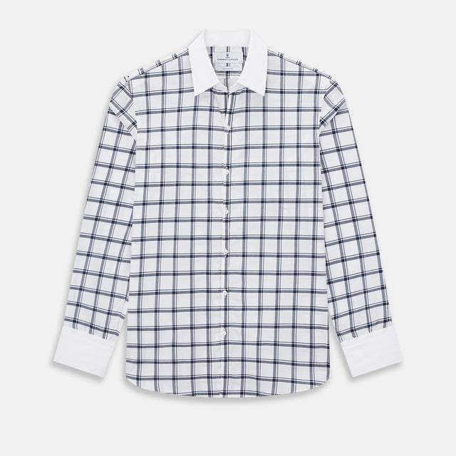 Navy and White Windowpane Check Windsor Shirt with Contrast Collar & Cuffs