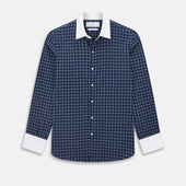 Navy and White Reverse Graph Check Windsor Shirt with Contrast Collar & Cuffs