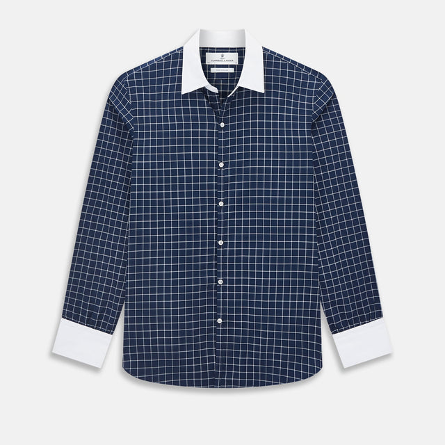 Navy and White Reverse Graph Check Windsor Shirt with Contrast Collar & Cuffs
