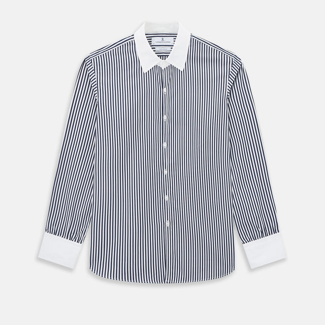 Navy and White Double Stripe Westminster Shirt with Contrast Collar & Cuffs