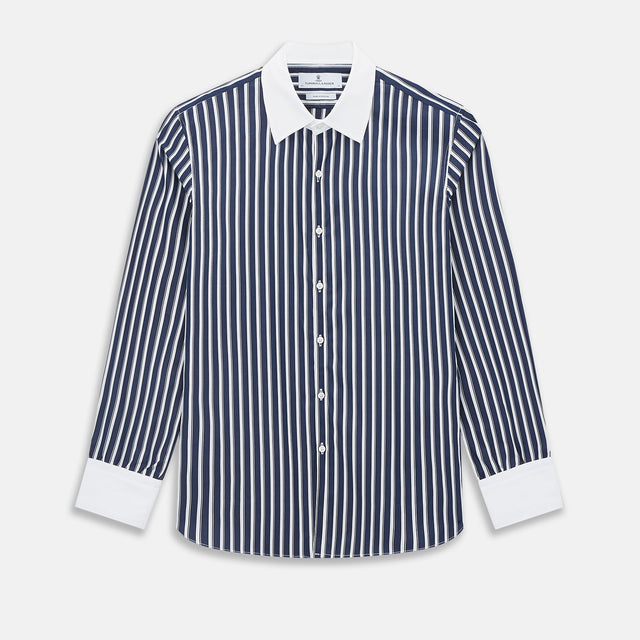 Navy and White Regency Stripe Westminster Shirt with Contrast Collar & Cuffs