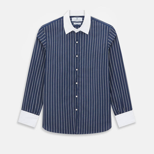 Navy and White Bar Stripe Westminster Shirt with Contrast Collar & Cuffs