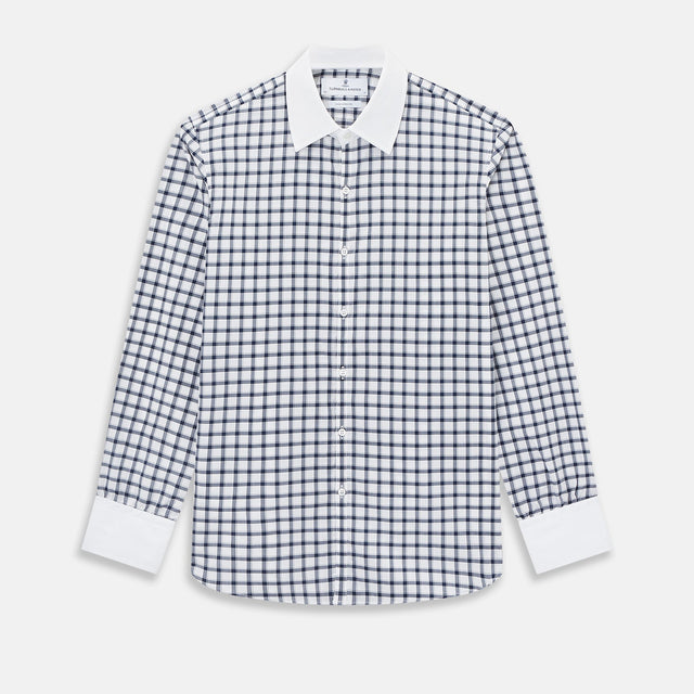 Navy and White Tattersall Check Westminster Shirt with Contrast Collar & Cuffs