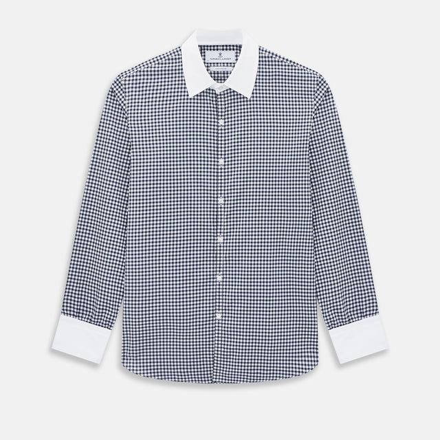 Navy and White Gingham Check Westminster Shirt with Contrast Collar & Cuffs