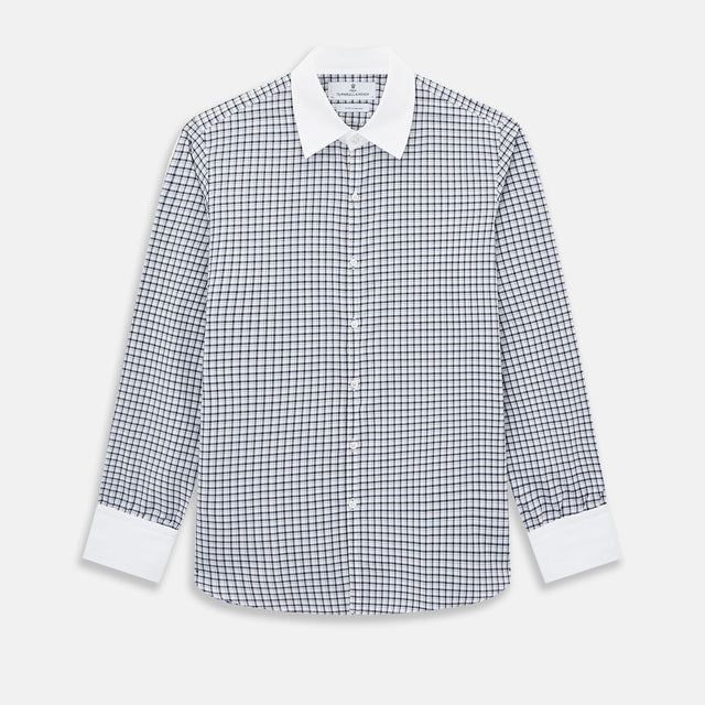 Navy and White Double-Track Check Westminster Shirt with Contrast Collar & Cuffs