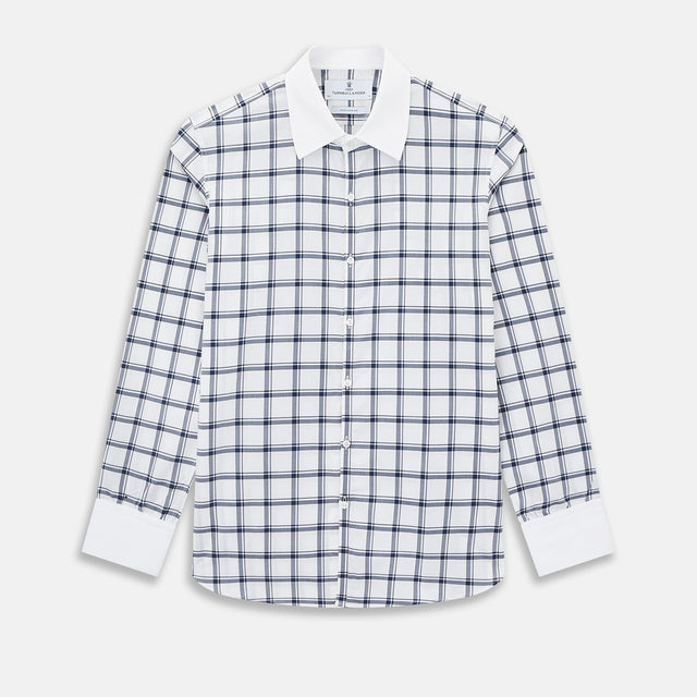 Navy and White Windowpane Check Westminster Shirt with Contrast Collar & Cuffs