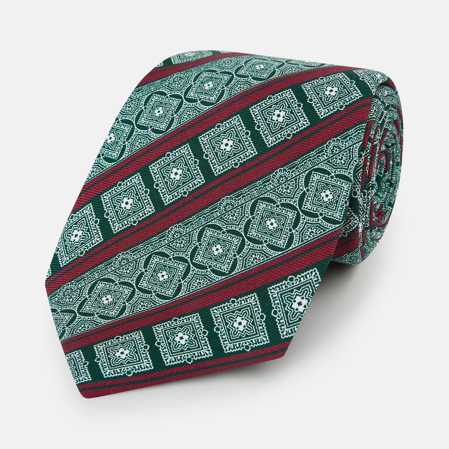 Green And Red Medallion Bar Printed Silk Tie