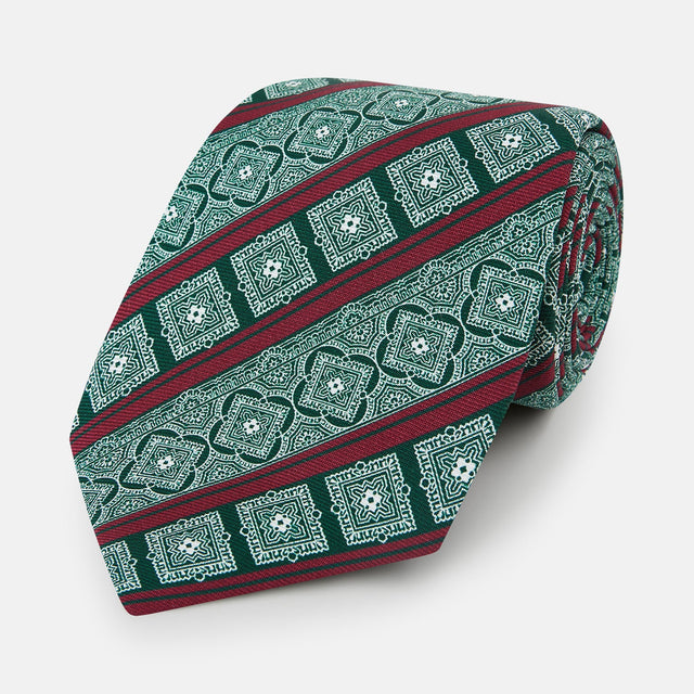 Forest Green and Red Medallion Bar Printed Silk Tie