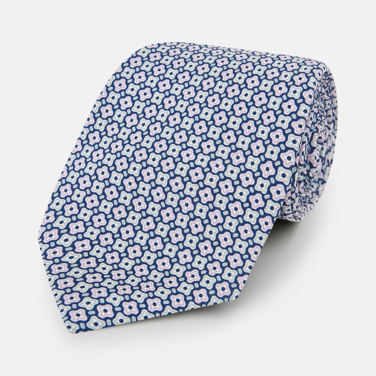 Pale And Green Abstract Quatrefoil Foulard Printed Silk Tie