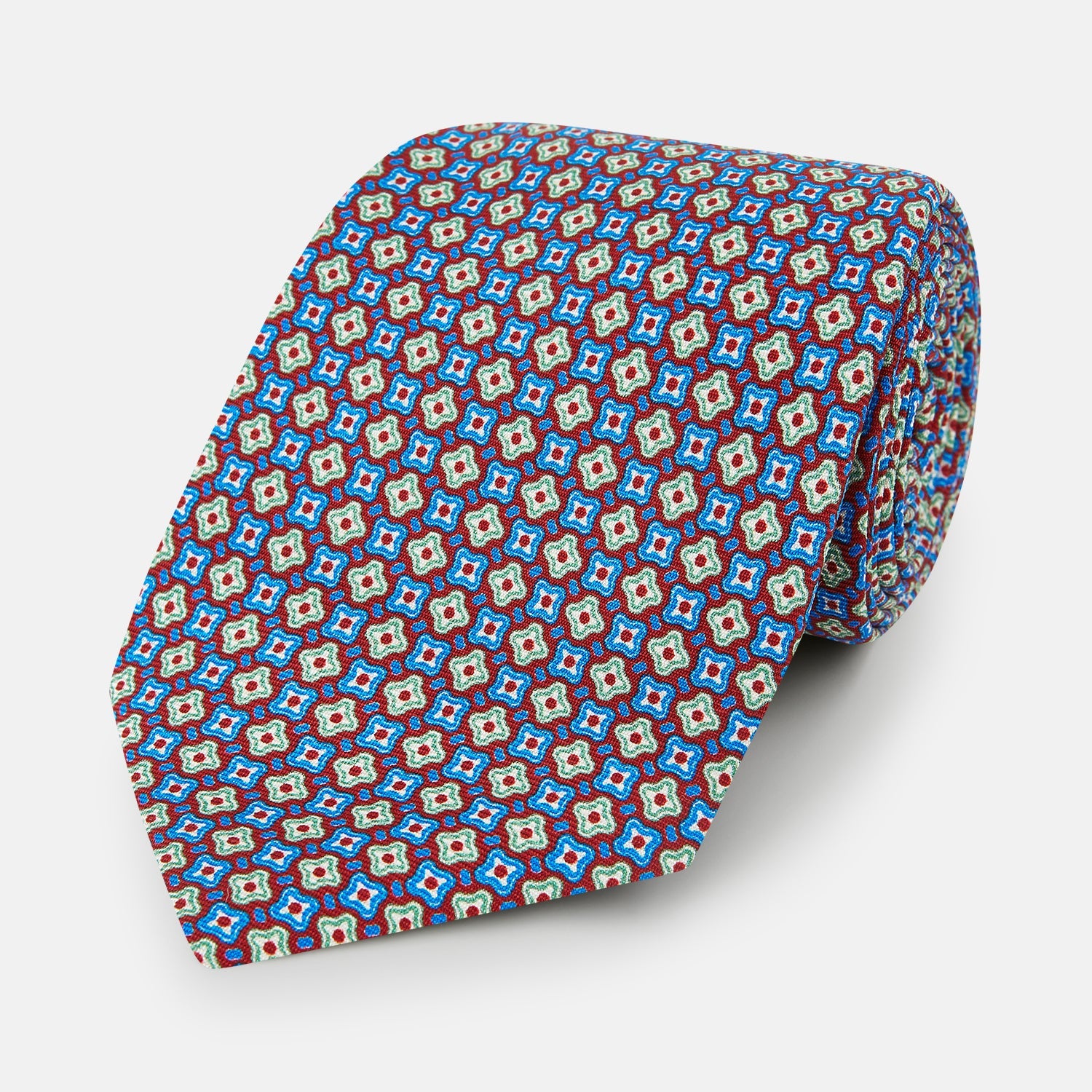 Tulip Red And Blue Abstract Quatrefoil Foulard Printed Silk Tie