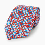 Red And Blue Abstract Quatrefoil Foulard Printed Silk Tie