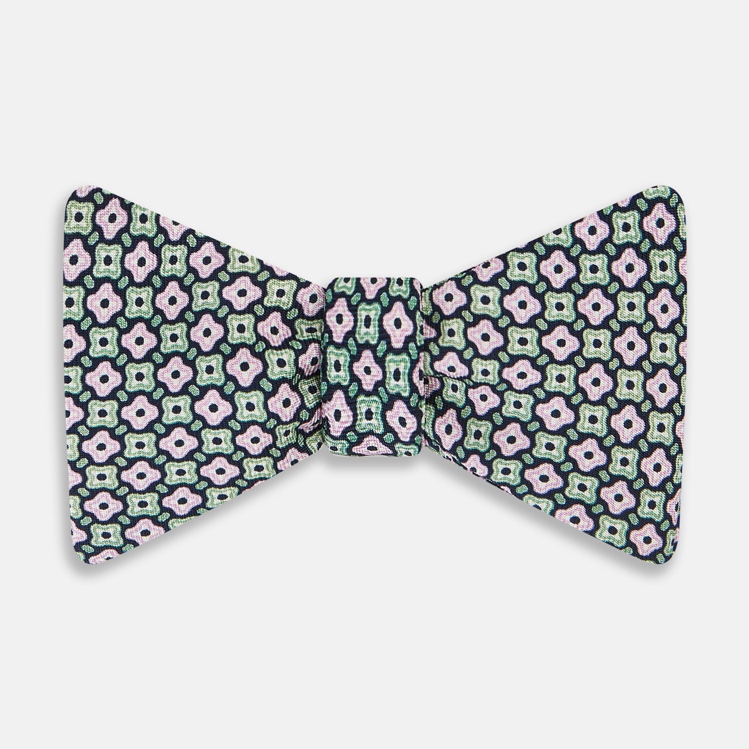Kelly Green And Pink Abstract Quatrefoil Foulard Printed Silk Tie