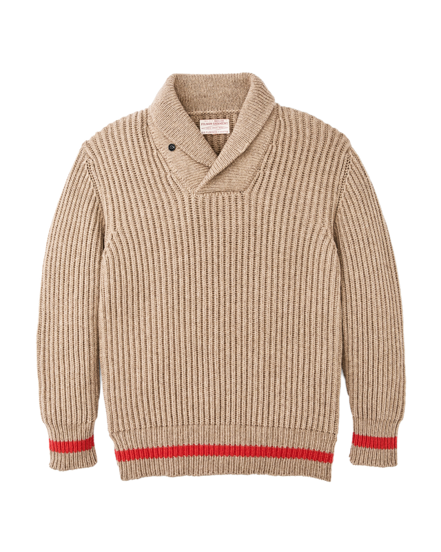 Bristol Shawl Neck Sweater - Oatmeal Heather / Flame Stripe