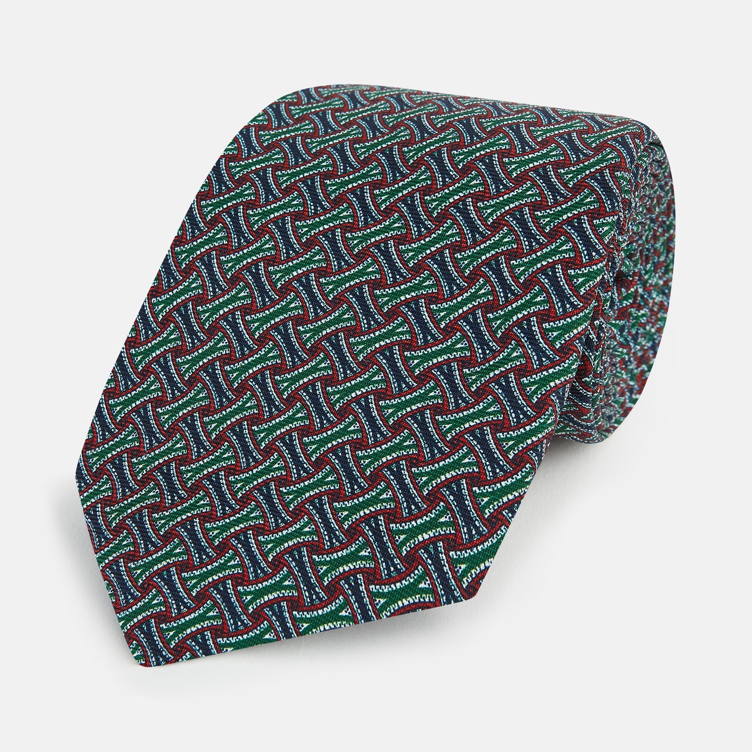 Forest Green and Red Weave-Patterned Printed Silk Tie