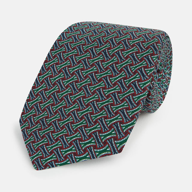 Forest Green and Red Weave-Patterned Printed Silk Tie