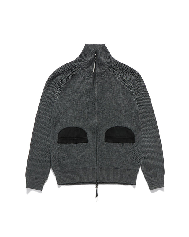 LEATHER PATCH DRIVERS ZIP-UP KNIT / MELANGE GREY