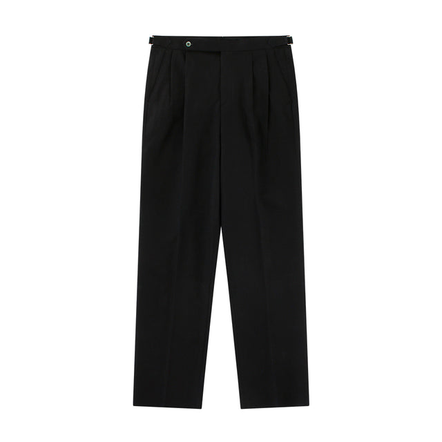 Linen / Cotton Twill adjust 2Pleats relaxed Trousers (Black)