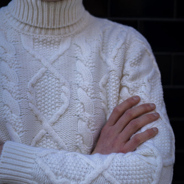 Aran Knit Cashmere Blend Roll Neck In Cream