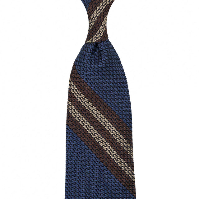 Striped Grossa Grenadine Silk Tie - Light Navy / Brown / Beige