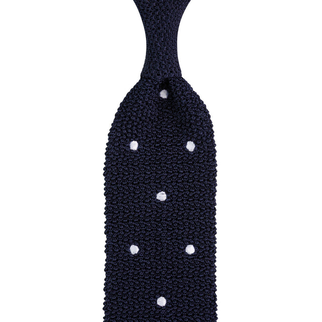 Crunchy Silk Knit Tie - Navy / White Dots