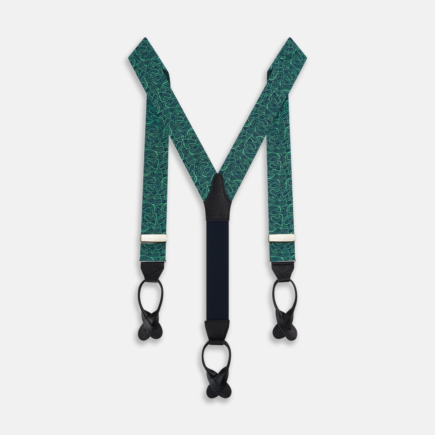 Kelly Green Paisley Adjustable Silk And Navy Leather Braces