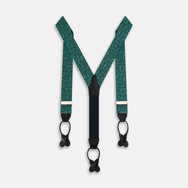 Kelly Green Paisley Adjustable Silk and Navy Leather Braces
