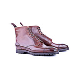 Derby ankle boots with straight toe cap and medallion in mid brown calf leather