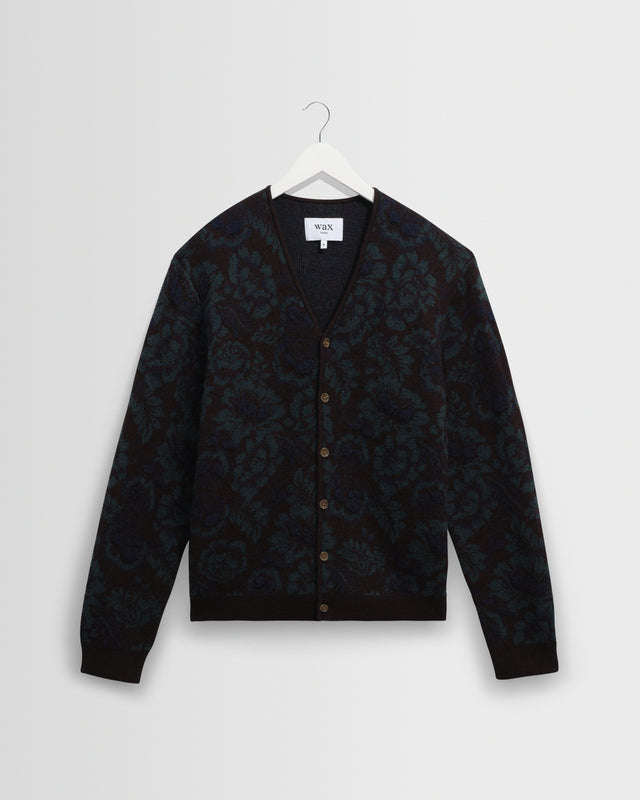 Alban - Black And Green Floral Textured Jacquard Cardigan