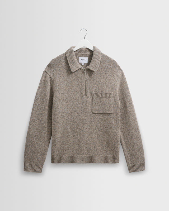 Alpha - Grey Plain Stitch Fleck-Wool Zip Polo