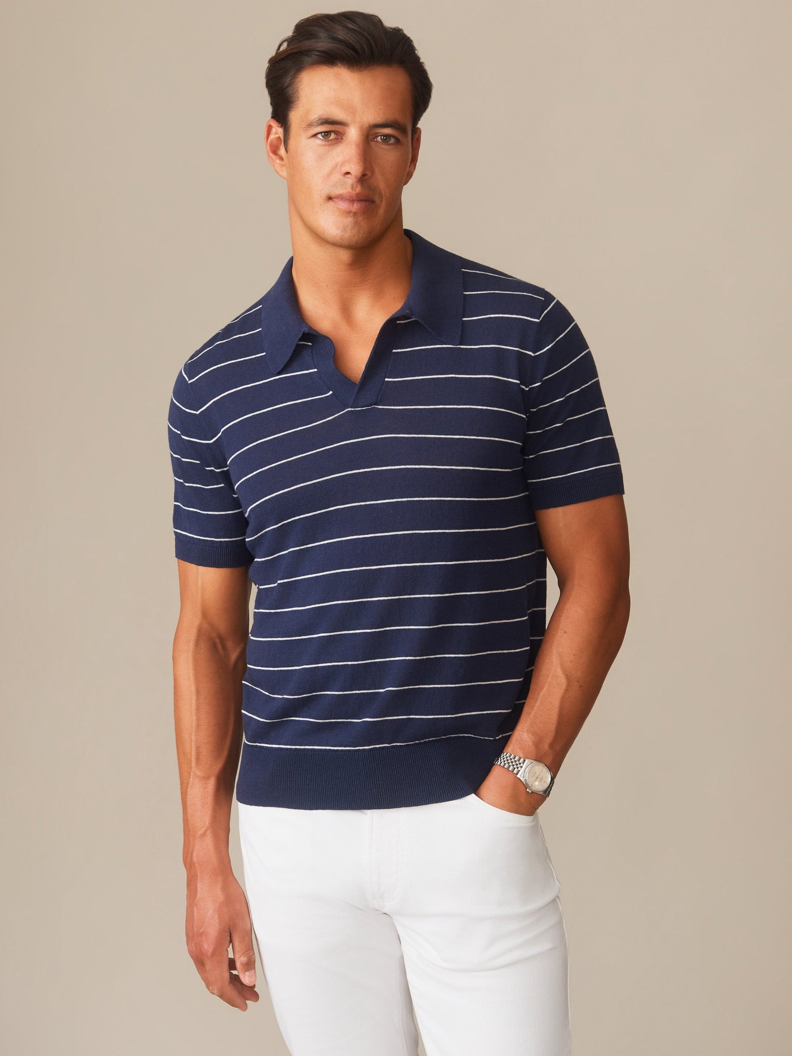 White Stripe Amalfi Linen Blend Polo Men S Sweaters J Mclaughlin