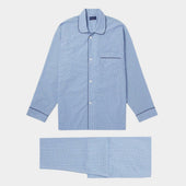 Blue & Navy Graph Check Cotton Pyjamas With Navy Piping
