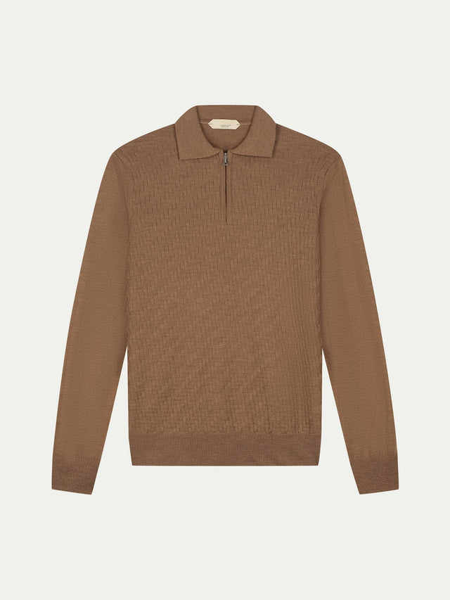 Brown Zipper Polo Basket Weave