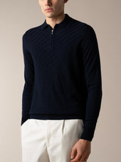 Navy Zipper Polo Basket Weave