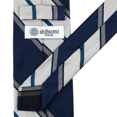 Repp Stripe Silk Tie White Grey Hand Rolled