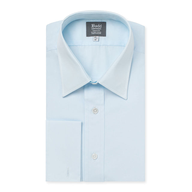 Tailored Fit Plain Poplin Double Cuff Shirt in Sky Blue